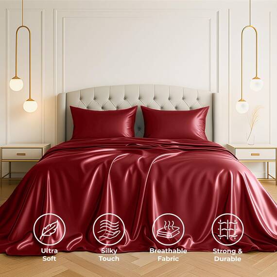Satin Sheets California King [4-teilig, Burgunderrot] Luxuriöses seidiges Bettlaken-Set, extra weiches 1800 Mikrofaser, knitterfrei, farbecht, schmutzabweisend, tiefes Spannbetttuch, Bettlaken