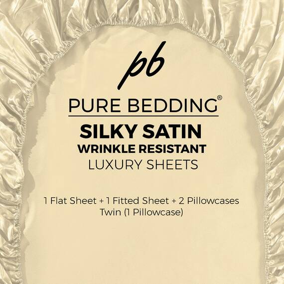Pure Bedding Satin-Bettlaken für Kingsize-Bett, 4-teilig, elfenbeinfarben, schmutzabweisend – Spannbettlaken mit tiefen Taschen, Bettlaken und Kissenbezügen