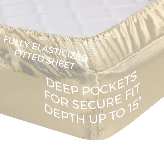 Pure Bedding Satin-Bettlaken für Kingsize-Bett, 4-teilig, elfenbeinfarben, schmutzabweisend – Spannbettlaken mit tiefen Taschen, Bettlaken und Kissenbezügen