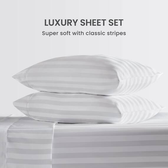 SLEEP ZONE Gestreiftes kühlendes Queen-Bettlaken-Set – Spannbettlaken und Kissenbezüge-Sets 4-teilig – superweiches gestreiftes Bettlaken, pflegeleicht, tiefe Tasche (weiß, Queensize)