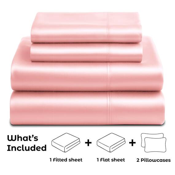 Satin-Bettlaken, Queen-Size-Bett, luxuriös, seidig, extra weich, 1800 Mikrofaser, knitterfrei, farbecht, schmutzabweisend, tiefes Spannbetttuch, Bettlaken, Kissenbezüge, 4-teilig, Rosa