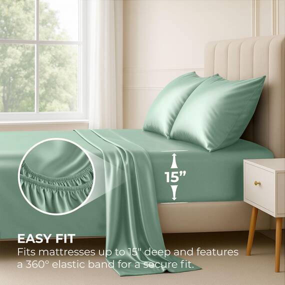 Satin Sheets California King [4-teilig, Champagnergrün] Hotel-Luxus-Bettwäsche-Set, seidige Mikrofaser, knitterfrei, tiefes Spannbetttuch, Bettlaken, Kissenbezüge