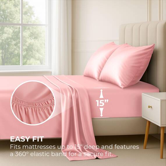 Satin-Bettlaken, Queen-Size-Bett, luxuriös, seidig, extra weich, 1800 Mikrofaser, knitterfrei, farbecht, schmutzabweisend, tiefes Spannbetttuch, Bettlaken, Kissenbezüge, 4-teilig, Rosa