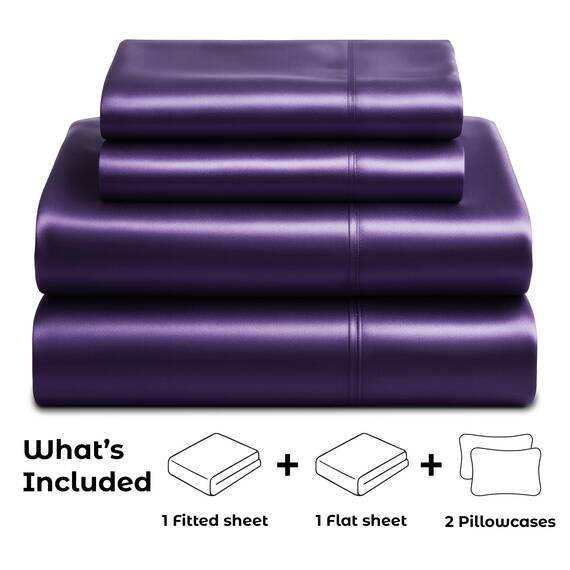 Pure Bedding Satin-Spannbettlaken, 4-teilig, violett, luxuriös, schmutzabweisend – Spannbettlaken mit tiefen Taschen, Bettlaken und Kissenbezügen