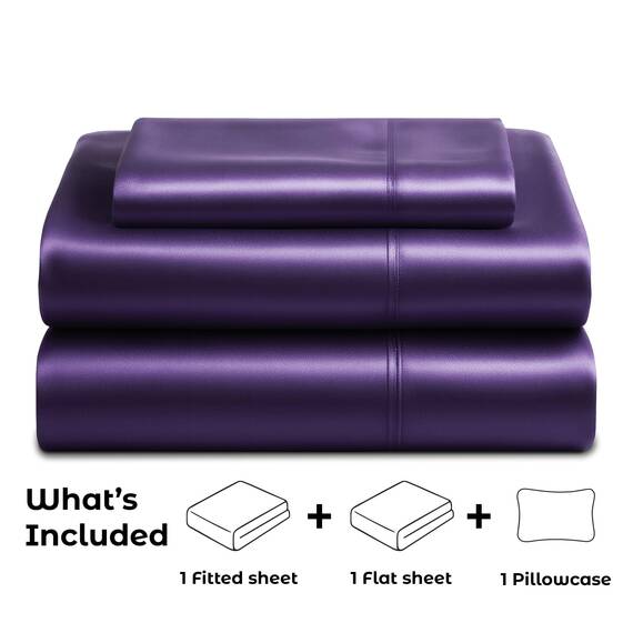 Pure Bedding Satin-Spannbettlaken, Doppelbett, 3-teilig, violett, luxuriös, schmutzabweisend – Spannbettlaken mit tiefen Taschen, Bettlaken und Kissenbezügen
