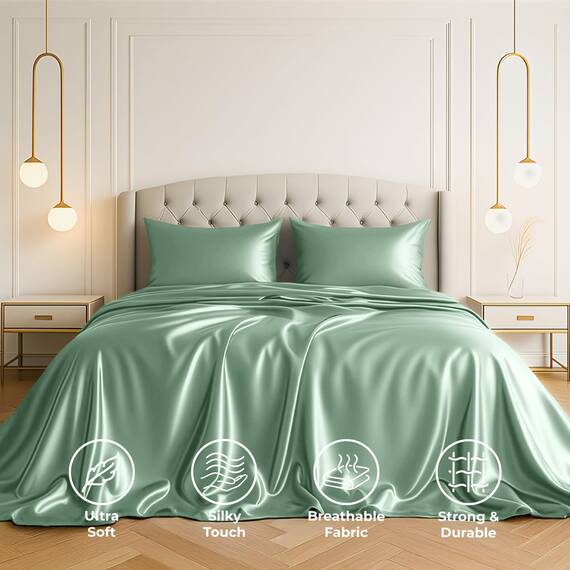 Satin Sheets California King [4-teilig, Champagnergrün] Hotel-Luxus-Bettwäsche-Set, seidige Mikrofaser, knitterfrei, tiefes Spannbetttuch, Bettlaken, Kissenbezüge