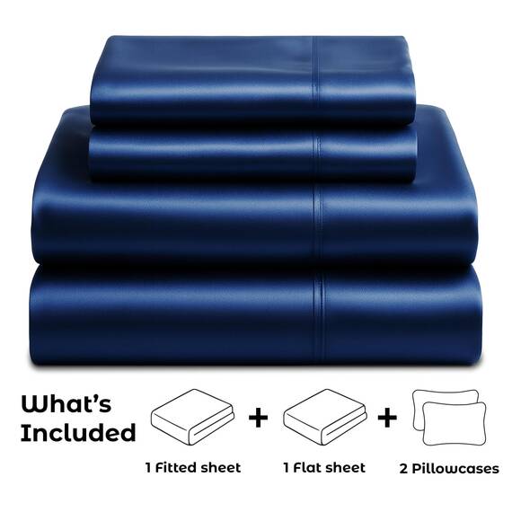 Satin Sheets California King [4-teilig, Marineblau] Luxuriöses seidiges Bettlaken-Set, extra weiches 1800 Mikrofaser, knitterfrei, farbecht, schmutzabweisend, tiefes Spannbetttuch, Bettlaken