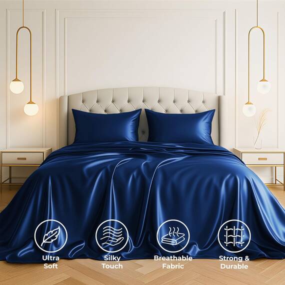 Satin Sheets California King [4-teilig, Marineblau] Luxuriöses seidiges Bettlaken-Set, extra weiches 1800 Mikrofaser, knitterfrei, farbecht, schmutzabweisend, tiefes Spannbetttuch, Bettlaken