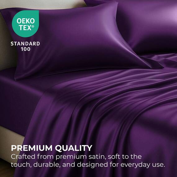Pure Bedding Satin-Spannbettlaken, Doppelbett, 3-teilig, violett, luxuriös, schmutzabweisend – Spannbettlaken mit tiefen Taschen, Bettlaken und Kissenbezügen