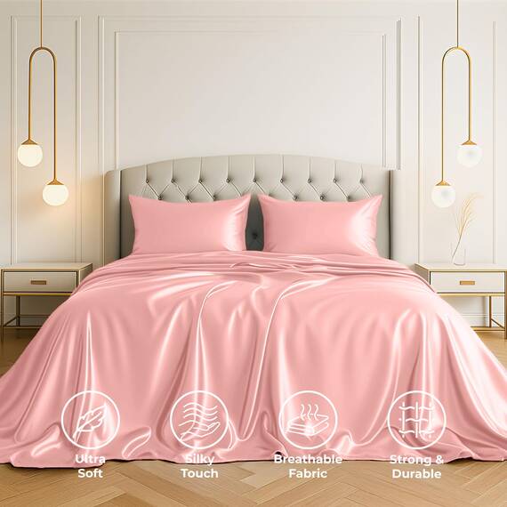 Satin-Bettlaken, Queen-Size-Bett, luxuriös, seidig, extra weich, 1800 Mikrofaser, knitterfrei, farbecht, schmutzabweisend, tiefes Spannbetttuch, Bettlaken, Kissenbezüge, 4-teilig, Rosa
