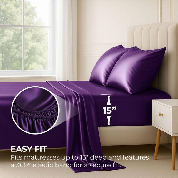 Pure Bedding Satin-Spannbettlaken, Doppelbett, 3-teilig, violett, luxuriös, schmutzabweisend – Spannbettlaken mit tiefen Taschen, Bettlaken und Kissenbezügen