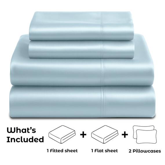 Satin Sheets Queen [4-teilig, SkyBlue] Luxuriöses seidiges Hotel-Bettwäsche-Set, extra weiches 1800 Mikrofaser, knitterfrei, farbecht, schmutzabweisend, tiefes Spannbetttuch, Bettlaken, Kissenbezüge