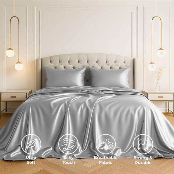 Satin Sheets King [4-teilig, Grau] Luxuriöses seidiges Hotel-Bettwäsche-Set, extra weiches 1800 Mikrofaser, knitterfrei, farbecht, schmutzabweisend, tiefes Spannbetttuch, Bettlaken, Kissenbezüge