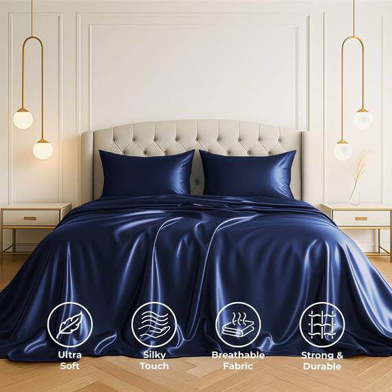 Satin Sheets California King [4-teilig, Mitternachtsblau] Hotel-Luxus-Bettwäsche-Set, weiche Mikrofaser, knitterfrei, farbecht, schmutzabweisend, tiefes Spannbetttuch, Bettlaken, Kissenbezüge