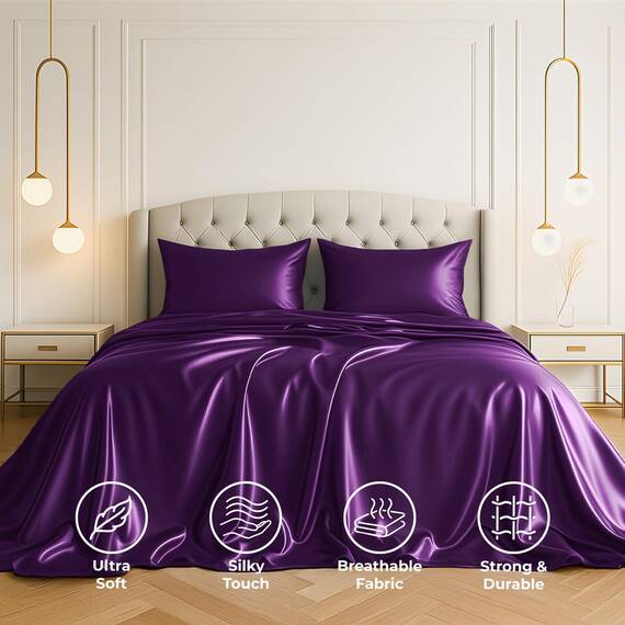 Pure Bedding Satin-Spannbettlaken, 4-teilig, violett, luxuriös, schmutzabweisend – Spannbettlaken mit tiefen Taschen, Bettlaken und Kissenbezügen