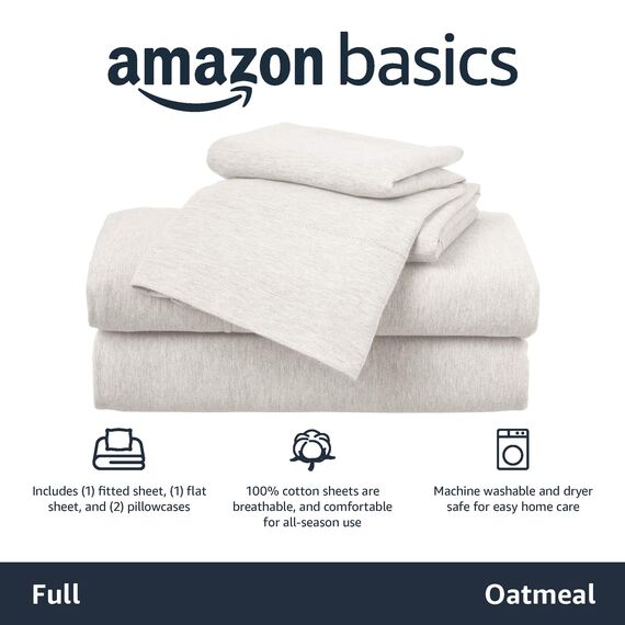 Amazon Basics 4 Stück Bettlaken-Set aus Jersey, für Doppelbetten Full, Haferbeige, Einfarbig