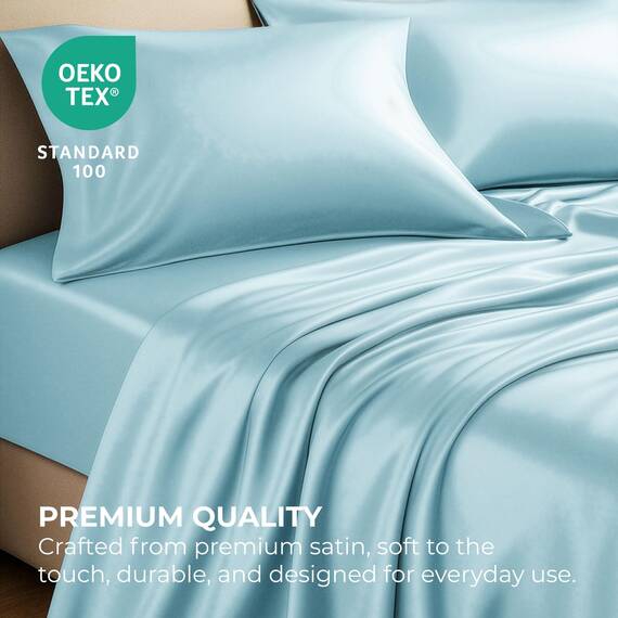 Satin Sheets Queen [4-teilig, SkyBlue] Luxuriöses seidiges Hotel-Bettwäsche-Set, extra weiches 1800 Mikrofaser, knitterfrei, farbecht, schmutzabweisend, tiefes Spannbetttuch, Bettlaken, Kissenbezüge