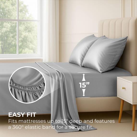 Satin Sheets King [4-teilig, Grau] Luxuriöses seidiges Hotel-Bettwäsche-Set, extra weiches 1800 Mikrofaser, knitterfrei, farbecht, schmutzabweisend, tiefes Spannbetttuch, Bettlaken, Kissenbezüge
