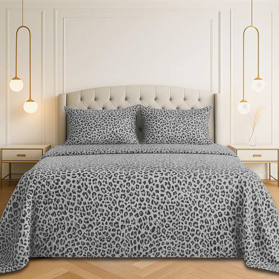 Satin Sheets California King [4-teilig, silberner Leopardenmuster] seidige Bettlaken, extra weiches 1800 Mikrofaser, knitterfrei, farbecht, schmutzabweisend – tiefes Spannbetttuch, Bettlaken