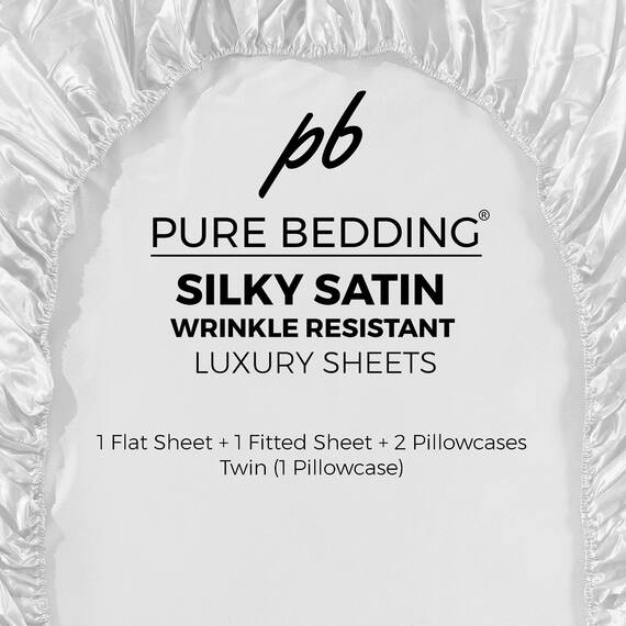 Pure Bedding Satin-Bettlaken für King-Size-Bett [4-teilig, weiß] luxuriös, schmutzabweisend – Spannbettlaken mit tiefen Taschen, Bettlaken und Kissenbezügen