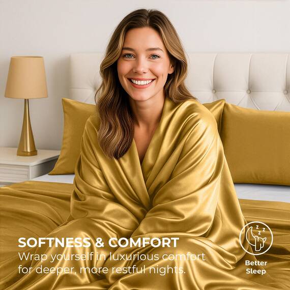 Satin-Set, Queen [4-teilig, Gold] Hotel-Luxus-Bettwäsche-Set, seidig, extra weich, 1800 Mikrofaser, knitterfrei, farbecht, schmutzabweisend, tiefes Spannbetttuch, Bettlaken, Kissenbezüge