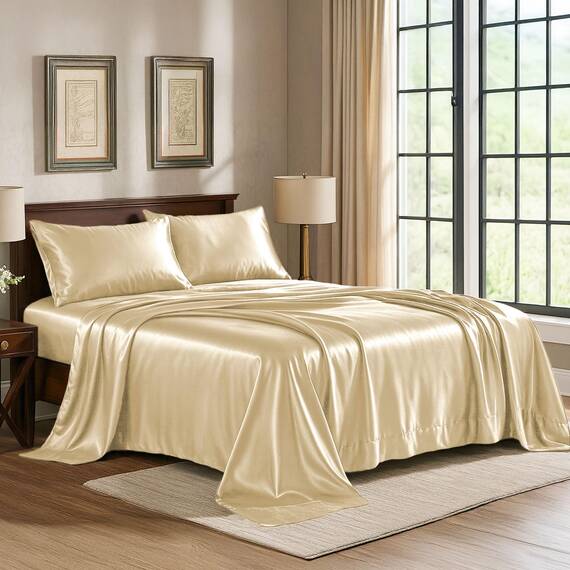 Satin Sheets King [4-teilig, Elfenbein], luxuriöses seidiges Hotel-Bettwäsche-Set, extra weiches 1800 Mikrofaser, knitterfrei, farbecht, schmutzabweisend, tiefes Spannbetttuch, Bettlaken, Kissenbezüge