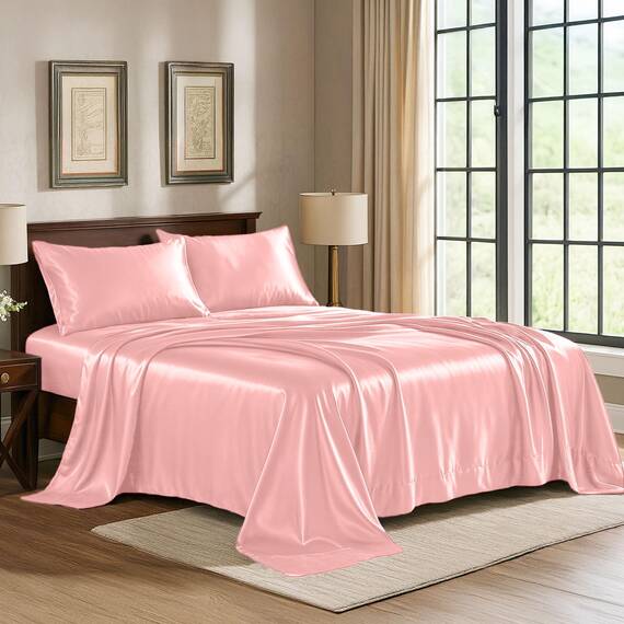 Satin-Bettlaken, Queen-Size-Bett, luxuriös, seidig, extra weich, 1800 Mikrofaser, knitterfrei, farbecht, schmutzabweisend, tiefes Spannbetttuch, Bettlaken, Kissenbezüge, 4-teilig, Rosa