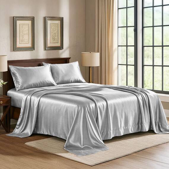 Satin Sheets King [4-teilig, Grau] Luxuriöses seidiges Hotel-Bettwäsche-Set, extra weiches 1800 Mikrofaser, knitterfrei, farbecht, schmutzabweisend, tiefes Spannbetttuch, Bettlaken, Kissenbezüge