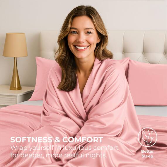 Satin-Bettlaken, Queen-Size-Bett, luxuriös, seidig, extra weich, 1800 Mikrofaser, knitterfrei, farbecht, schmutzabweisend, tiefes Spannbetttuch, Bettlaken, Kissenbezüge, 4-teilig, Rosa