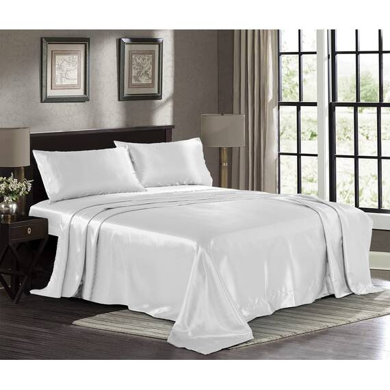 Pure Bedding Satin-Bettlaken für King-Size-Bett [4-teilig, weiß] luxuriös, schmutzabweisend – Spannbettlaken mit tiefen Taschen, Bettlaken und Kissenbezügen