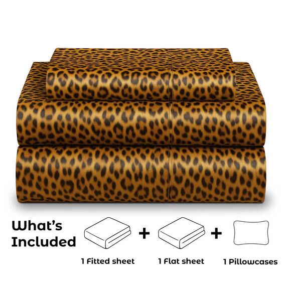 Satin-Bettlaken für Doppelbetten [3-teilig, goldener Leopardenmuster], luxuriös, seidige Hotel-Bettwäsche, extra weiches 1800 Mikrofaser, knitterfrei, farbecht, schmutzabweisend – tiefes Spannbetttuch