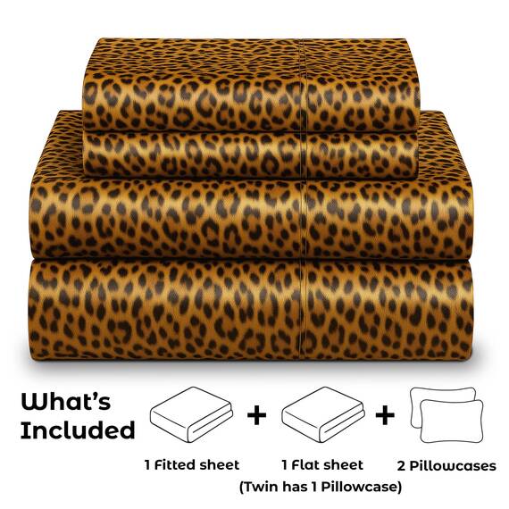 Satin Sheets California King [4-teilig, Goldener Leopardenmuster] luxuriöses seidiges Bettlaken-Set, extra weiches 1800 Mikrofaser, knitterfrei, farbecht, schmutzabweisend – tiefes Spannbetttuch