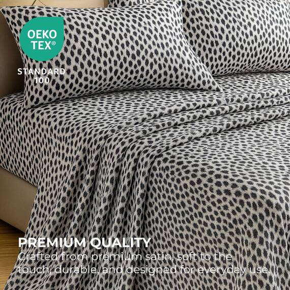 Satin Sheets California King [4-teilig, silberner Leopardenmuster] seidige Bettlaken, extra weiches 1800 Mikrofaser, knitterfrei, farbecht, schmutzabweisend – tiefes Spannbetttuch, Bettlaken