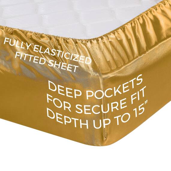 Satin-Bettlaken, King [4-teilig, Gold] Hotel-Luxus-Bettwäsche-Set, seidig, extra weich, 1800 Mikrofaser, knitterfrei, farbecht, schmutzabweisend, tiefes Spannbetttuch, Bettlaken, Kissenbezüge