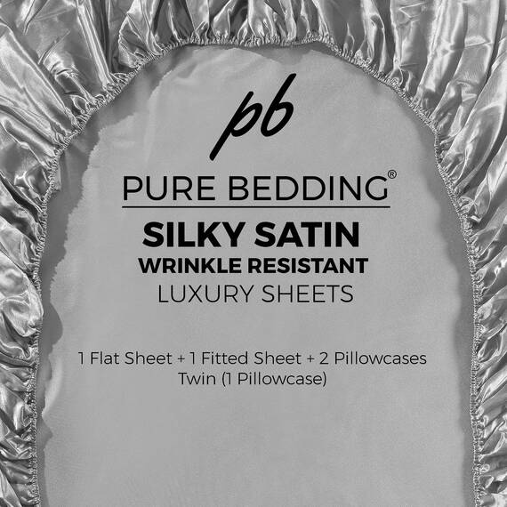 Satin-Bettlaken, California King [4-teilig, Silber] Luxuriös, seidig, Bettlaken-Set, extra weich, 1800 Mikrofaser, knitterfrei, farbecht, schmutzabweisend, tiefes Spannbetttuch, Bettlaken, Kissenbezug