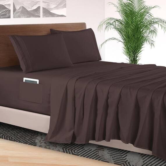 Elegant Comfort 4-teiliges Bettlaken-Set, luxuriöse Bettwäsche 1500, hochwertige Mikrofaser, rundum elastisch, 45,7-61 cm tiefes Spannbetttuch, extra Tiefe Bettlaken, Full, Braun