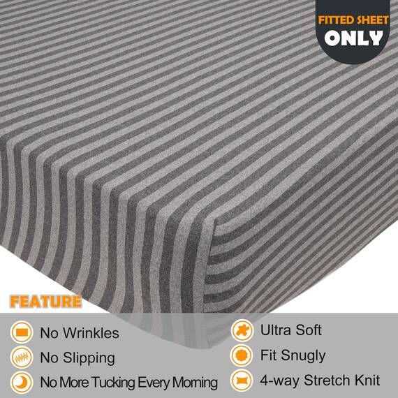 N&Y Home Queen-Size-Spannbetttuch, 4-Wege-Stretch-Jersey-Strick, T-Shirt-Gefühl & ultraweich, rutschfest & eng anliegende Passform für Matratzen (tief: 12.7 cm - 40.6 cm) – Grau gestreift, Queen