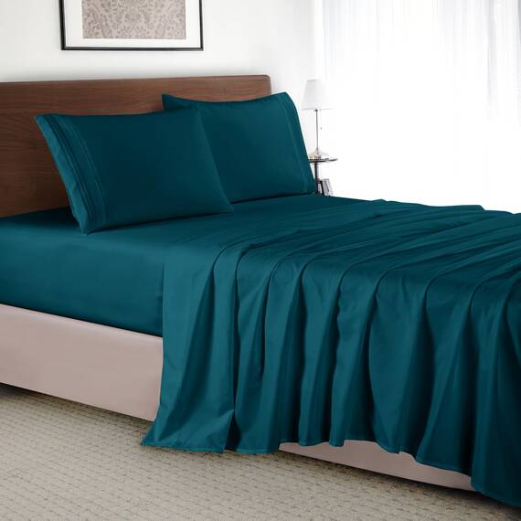 Elegant Comfort Luxus-Bettlaken-Set, 4-teilig, Fadenzahl 1500, ägyptische Qualität, Mikrofaser, knitterfrei, kühl und atmungsaktiv, einfache elastische Passform, voll, marineblaugrün