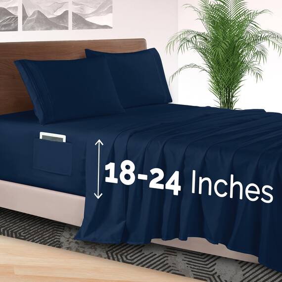 Elegant Comfort 4-teiliges Bettlaken-Set, luxuriöse Bettwäsche, 1500, hochwertige Mikrofaser, Rundumgummi, 45,7-61 cm tiefes Spannbetttuch, extra Tiefe Bettlaken, Twin/Twin XL, Marineblau