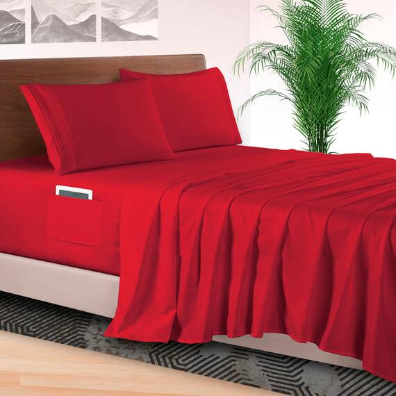 Elegant Comfort 4-teiliges Bettlaken-Set, luxuriöse Bettwäsche, 1500, hochwertige Mikrofaser, Rundumgummi, 45,7 - 61 cm tiefes Spannbetttuch, extra tiefe Bettlaken, Queensize, Rot