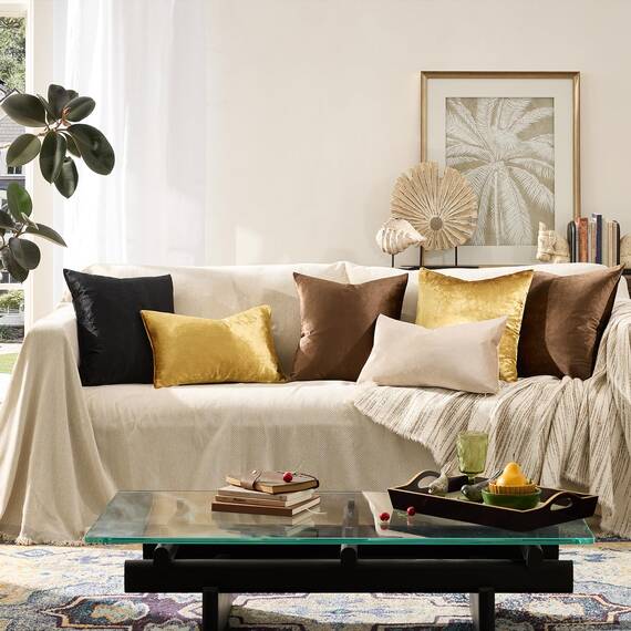 Gigizaza, dekorative Kissenbezüge, 66 x 66 cm, 2-er-Set, Samt, Boho, goldfarben, quadratisch, für Couch, für Sofakissen