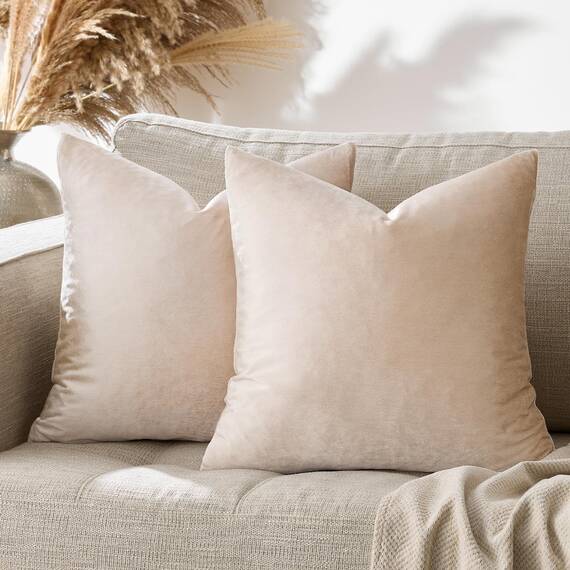 GIGIZAZA, dekorative Kissenbezüge, 50 x 50 cm, 2-er-Set, Samt, cremefarben, quadratisch, für Couch, für Sofakissen, Landhaus, Polyester