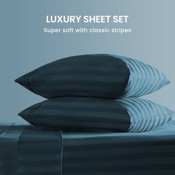 SLEEP ZONE Gestreiftes Kühlbettlaken-Set für King-Size-Betten – Spannbetttuch und Kissenbezug-Set, 4-teilig, superweiches gestreiftes Bettlaken, pflegeleicht, tiefe Tasche (Blaugrün, Kingsize)