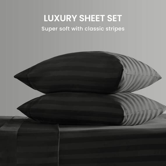 SLEEP ZONE Gestreiftes Kühllaken-Set für King-Size-Betten – Spannbetttuch und Kissenbezüge, 4-teilig, superweich, gestreift, pflegeleicht, tiefe Taschen (Schwarz, King-Size)