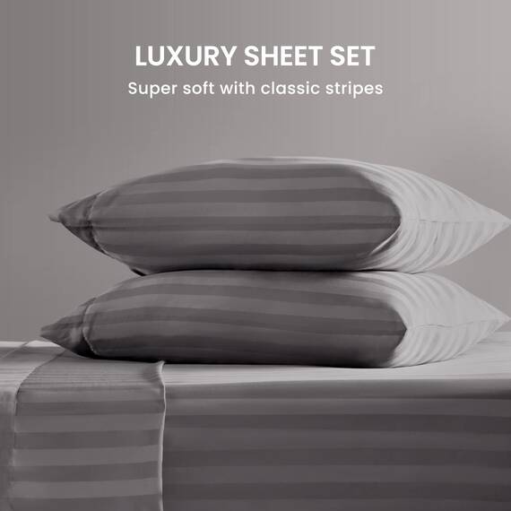 SLEEP ZONE Gestreiftes kühlendes Queen-Bettwäsche-Set – Spannbettlaken und Kissenbezüge-Sets 4-teilig – superweiches gestreiftes Bettlaken, pflegeleicht, Tiefe Tasche (Gull Grey, Queensize)