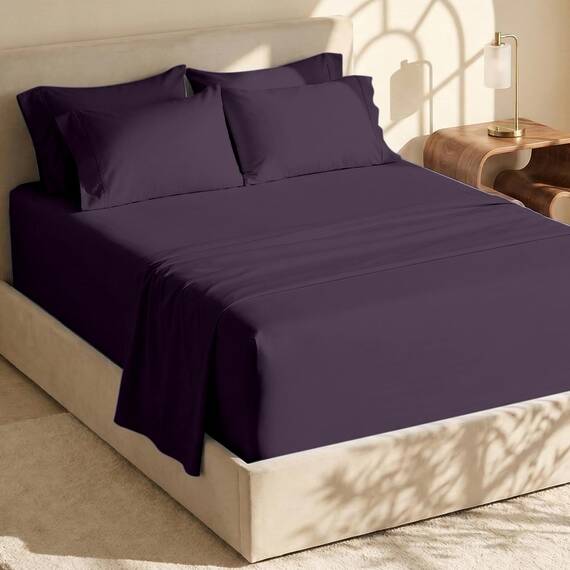 Hearth & Harbor 6 Piece Bed Sheet Set Extra Deep Pocket, Fits Mattress from 18-24 inces Depth, Split King, Eggplant