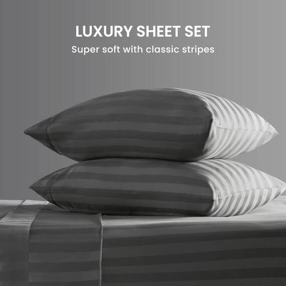 SLEEP ZONE Gestreiftes kühlendes Queen-Bettlaken-Set – Spannbettlaken und Kissenbezüge-Sets 4-teilig – superweiches gestreiftes Bettlaken, pflegeleicht, Tiefe Tasche (Grau, Queensize)