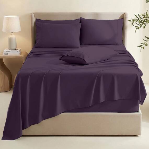 Hearth & Harbor Bettwäsche-Set, California King, extra Tiefe Bettlaken – passend für Matratzen mit Einer Tiefe von 45,7–61 cm, 6-teiliges Set, Aubergine