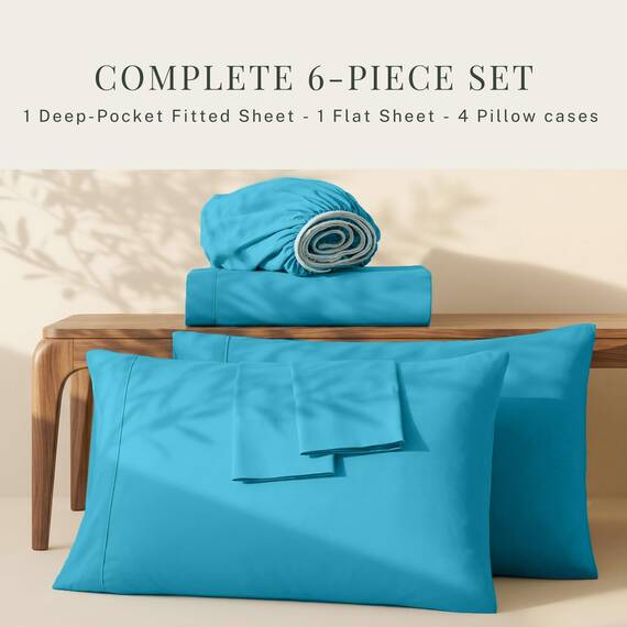 Hearth & Harbor Bettwäsche-Set, Full-Size, extra Tiefe Bettlaken – passend für Matratzen mit Einer Tiefe von 45,7–61 cm – 6-teiliges Set, Strandblau
