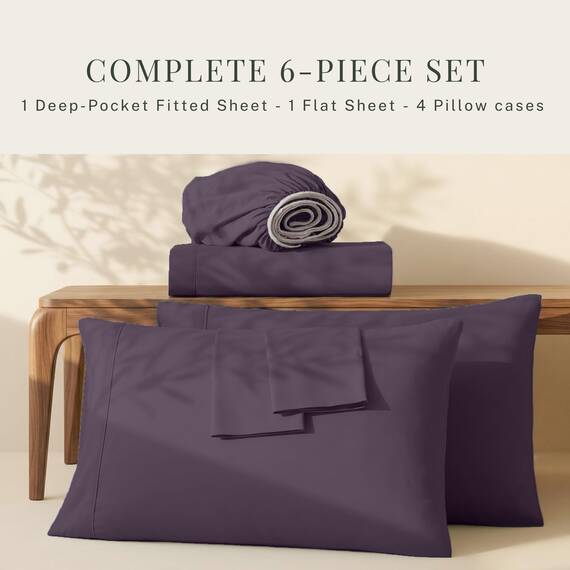 Hearth & Harbor 6 Piece Bed Sheet Set Extra Deep Pocket, Fits Mattress from 18-24 inces Depth, Split King, Eggplant